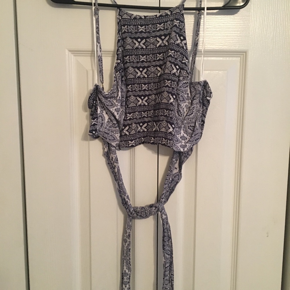 Blue and White Pattern Crop Top with Tie